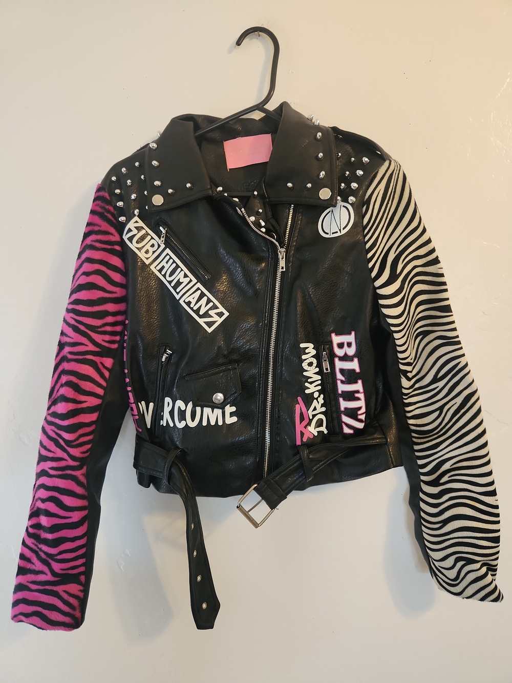 Studded Black Faux Leather Moto Blazer with Pink & White Zebra Sleeves